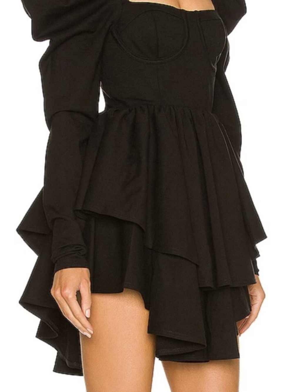 Selkie Black Puff-Sleeve Tiered Mini Dress